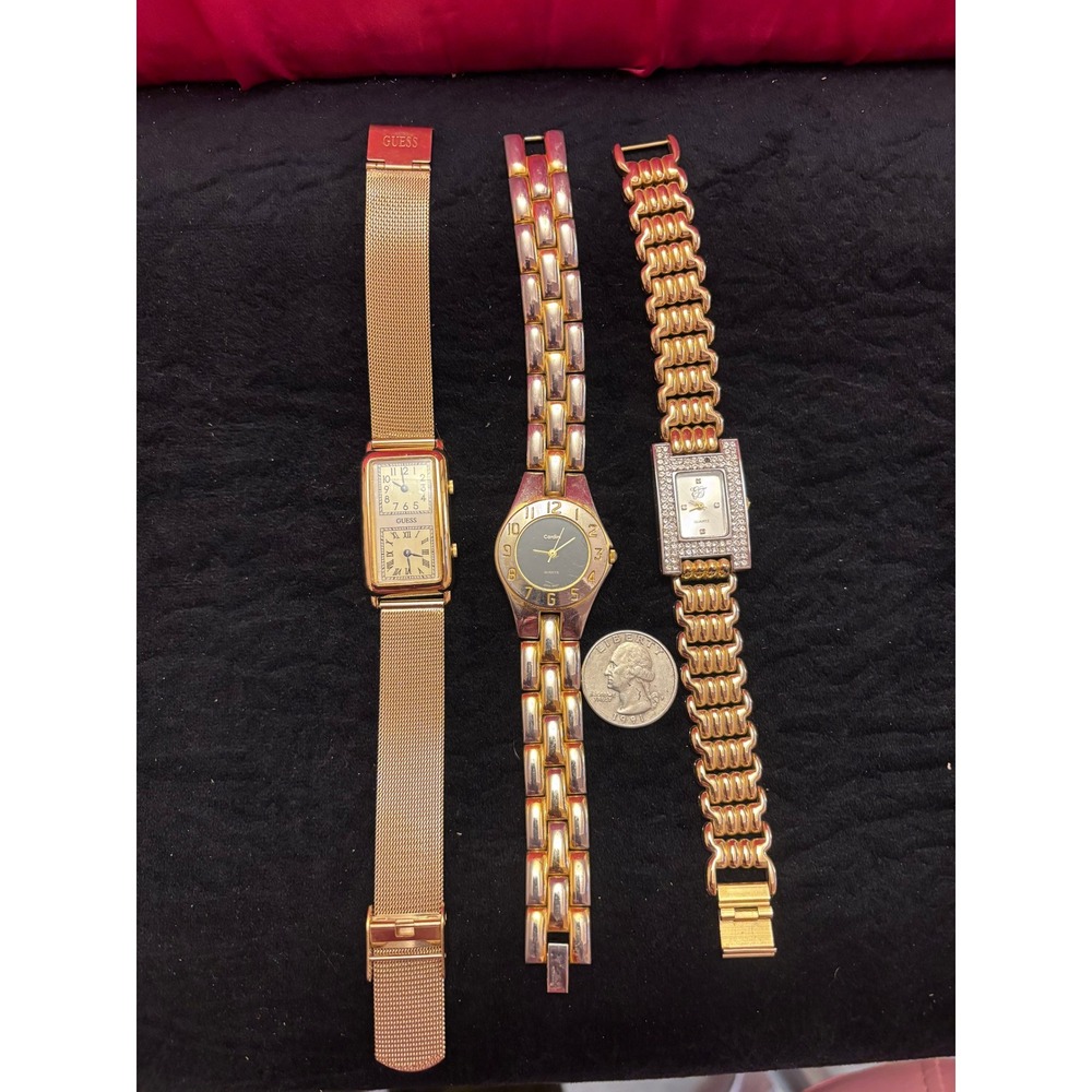 Vintage Womens Watch Lot Guess Dual Face Cardin ET Rhinestone Gold Tone 3pc